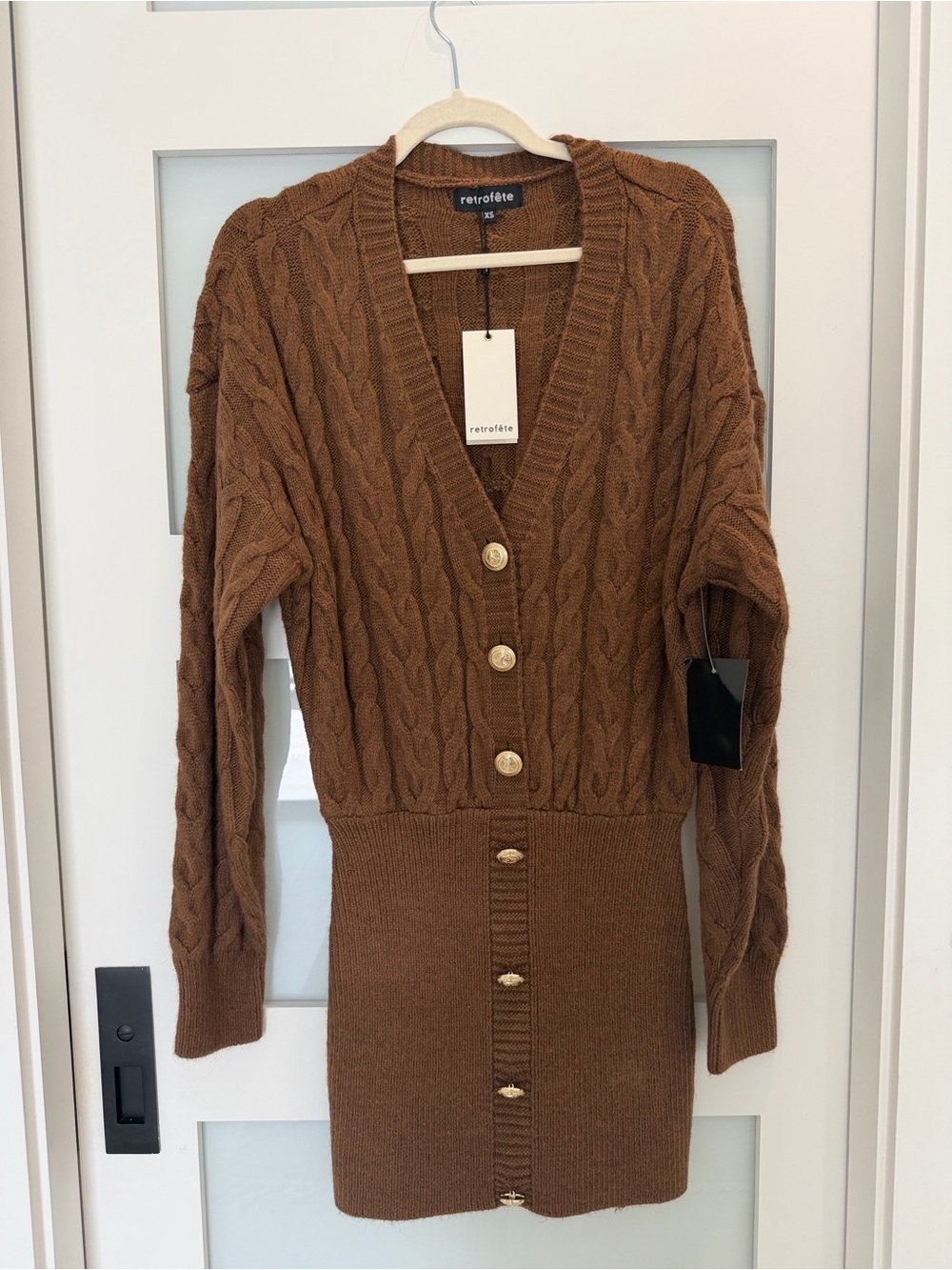 Retrofete Tala Dress Brown Cable-Knit Button-Front Mini Dress NWT